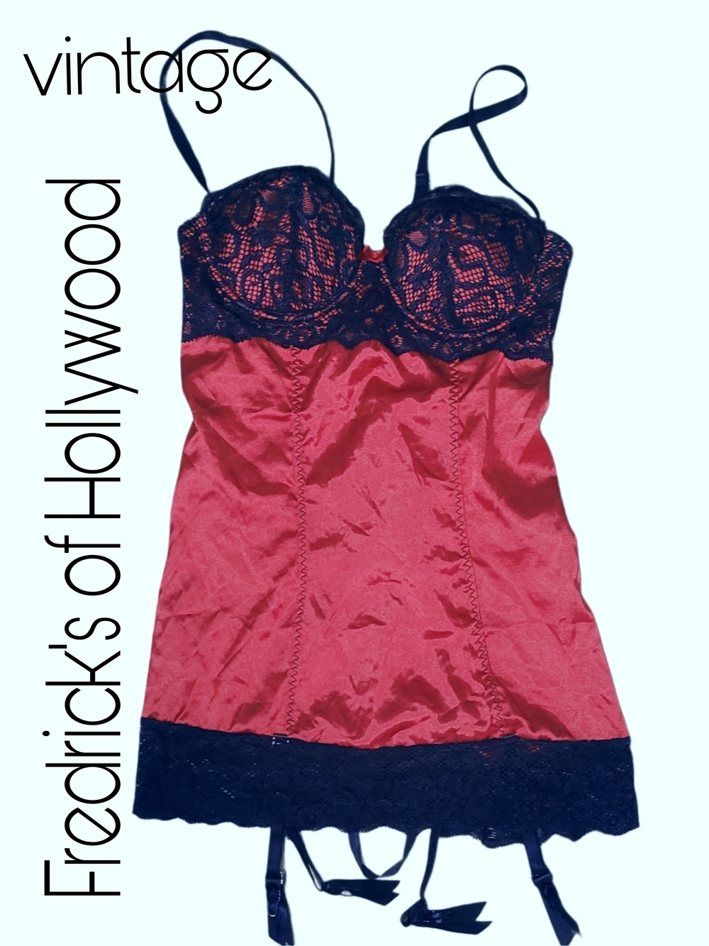 Vintage Frederick's of Hollywood 1980s Red Satin Chemise/ Slip w Lace Up Corset